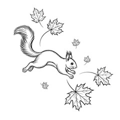Whimsical sketch of a squirrel leaping through falling autumn leaves