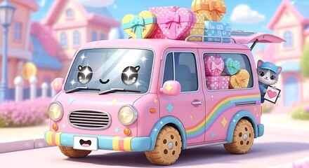 Whimsical pink van decorated with hearts and rainbows, driven by a cat