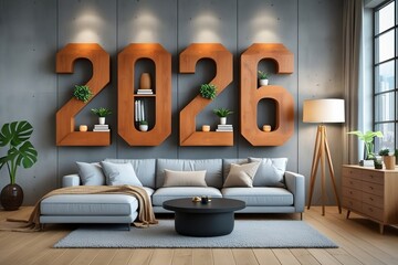 Modern living room interior with stylish wooden "2026" wall decor and cozy furniture, Happy New Year 2026 celebration AI-Generated