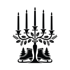 Elegant candelabra with ice skates and evergreen branches