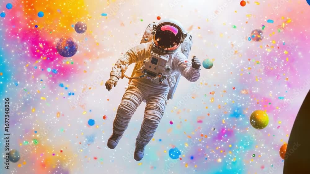 Poster astronaut in colorful outer space surrounded by floating particles and celestial bodies celebrating 