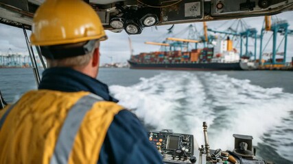 A male pilot guides a tugboat through a narrow passage, with a cargo ship and industrial port cranes in the background.