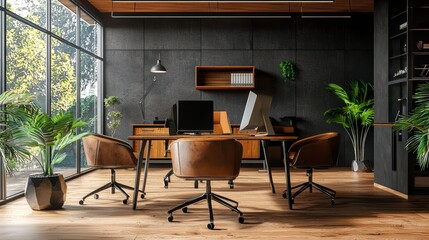 A modern, minimalist office space with a black and wood color scheme, featuring a large desk, chairs, and a computer setup.