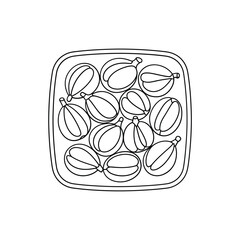 Overhead view of a square dish filled with ripe figs in a simple line drawing style