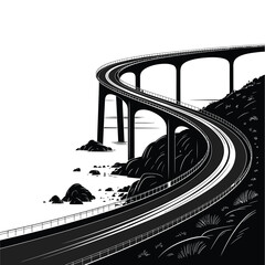 Dramatic black and white image of a winding elevated highway overlooking the ocean