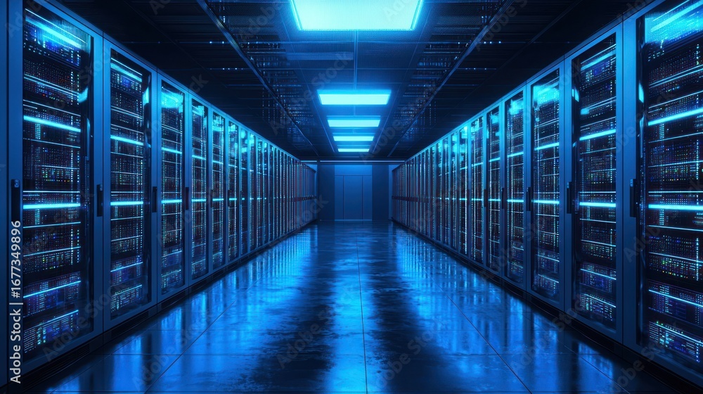 Poster a long, dark hallway with rows of server racks in a data center.