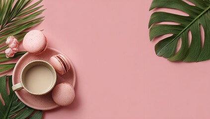 Elegant flat lay of coffee, macarons, and tropical leaves on pink.