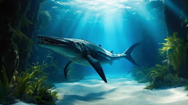 Underwater scene with plesiosaur swimming among seaweed above sandy seabed, illuminated by sun rays. Prehistoric marine life and dinosaur animation.
