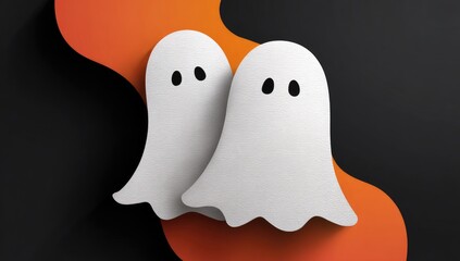 Two adorable ghost figures on a vibrant Halloween background.