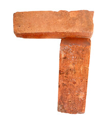 Side view of two cracked old red or orange bricks in stack isolated with clipping path in png file...