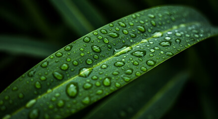 Fresh green leaf glistening with morning dew after a gentle rain showcasing nature s renewal in dark