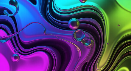 Futuristic abstract background of flowing iridescent liquid waves with glossy metallic bubbles, a vibrant and colorful 3D rendering