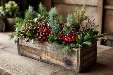 A rustic wooden planter filled with vibrant red berries and green foliage. The arrangement showcases seasonal plants, perfect for holiday decor.