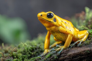 Naklejka premium A bright yellow frog with black spots rests on mosscovered bark