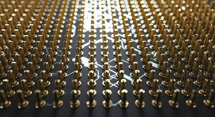 Fototapeta premium Close-up view of a densely packed array of golden pins on a dark surface, highlighting intricate electronic components.