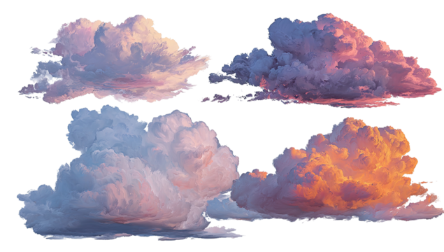 Four clouds in various shades of pink, orange, and blue, against a black background