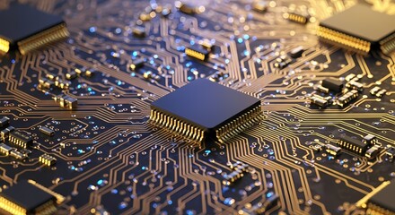 Close-up view of a complex electronic circuit board with a central microchip and intricate golden pathways.