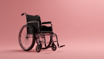 Fototapeta premium Black Wheelchair on Pink Background - Accessibility and Disability Awareness.