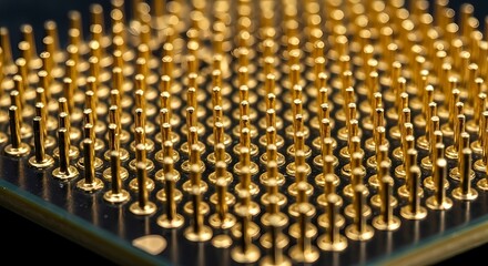 Obraz premium Close-up view of the golden pins on the underside of a computer processor chip, highlighting its intricate design and technological complexity.