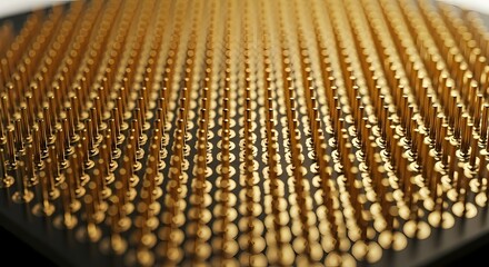 Close-up view of the gold pins on the underside of a computer processor, highlighting its intricate design and technological complexity.
