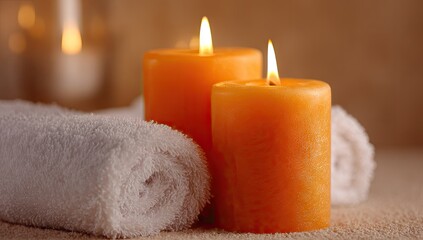 Relaxing Spa Scene with Candles and Towel.