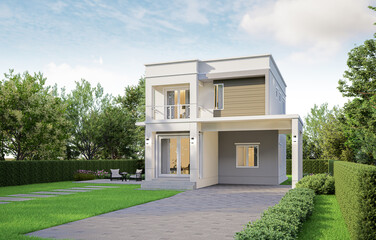 Modern house exterior daylight with lawn grass.3d rendering