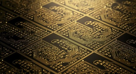 Close-up view of a gold-plated circuit board with intricate patterns and a shallow depth of field.