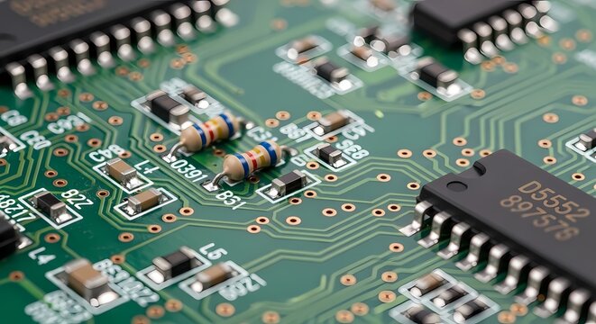 Close-up view of a green printed circuit board with various electronic components including resistors and integrated circuits.
