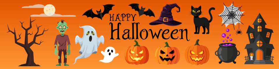 A set of scary items for celebrating Halloween. Halloween elements Vector graphics.