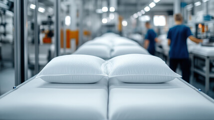 Pillow factory, Pillow factory featuring advanced embroidery machines in production setting.