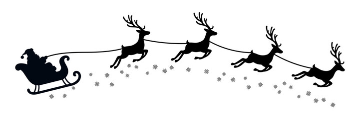 Vector Christmas black and white illustration with Santa Claus riding his sleigh pulled by reindeers.