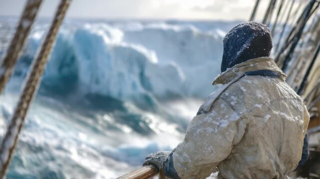 A male sailor in insulated gear surveys icy glaciers from the aft deck of an Arctic research ship amidst foggy, frozen seas.