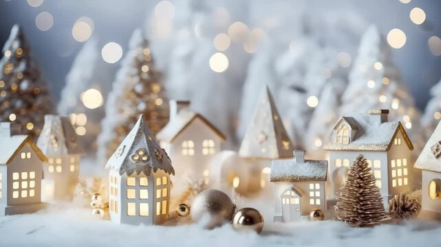 Miniature decorative houses or lanters with snowy roofs, fir trees, and golden baubles. Festive Christmas composition with warm glowing lights and sparkling bokeh background.