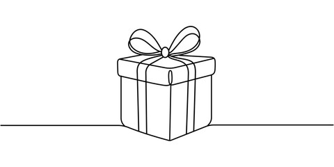 One Continuous line drawing of Christmas Present box with ribbon and bow. Festive present and Wrapped surprise package in simple linear style. Doodle vector illustration Editable stroke