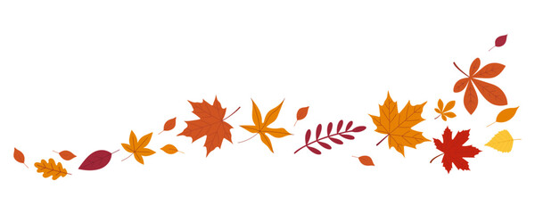 Autumn leaf border. Wave of falling leaves. Leaf fall. Autumn flying leaves. Watercolor leaves in the wind. Autumn leaves seamless border.