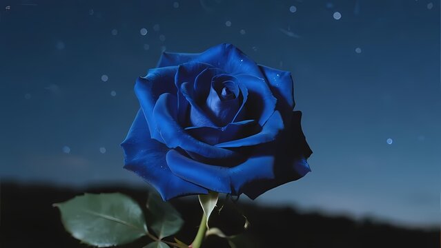 A vibrant blue rose in full bloom against a starry night sky backdrop.