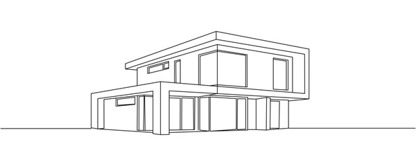 Fototapeta premium Modern house line sketch building art city. Home property architecture hand drawn minimalist concept. Modern single line draw design vector graphic illustration Editable stroke
