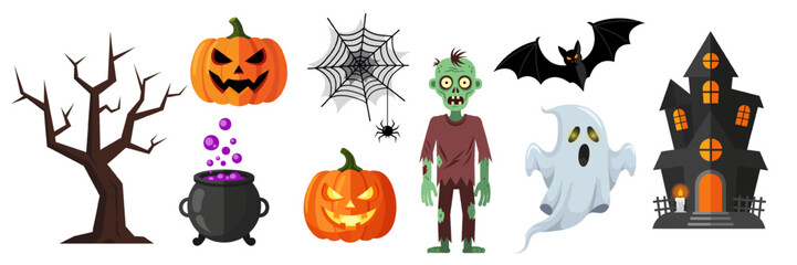 A set of scary items for celebrating Halloween. Halloween elements Vector graphics.