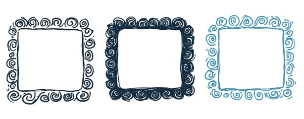 Three empty square frames with a decorative, dark teal border