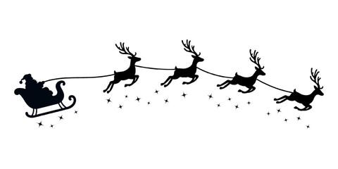 Vector Christmas black and white illustration with Santa Claus riding his sleigh pulled by reindeers.