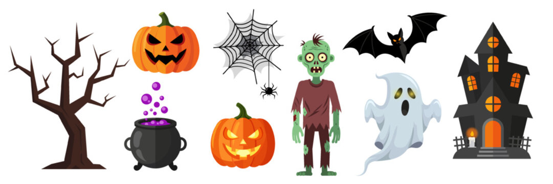 A set of scary items for celebrating Halloween. Halloween elements Vector graphics.