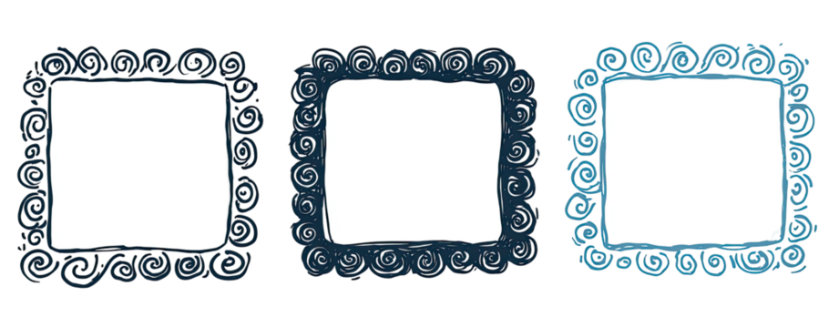 Three empty square frames with a decorative, dark teal border