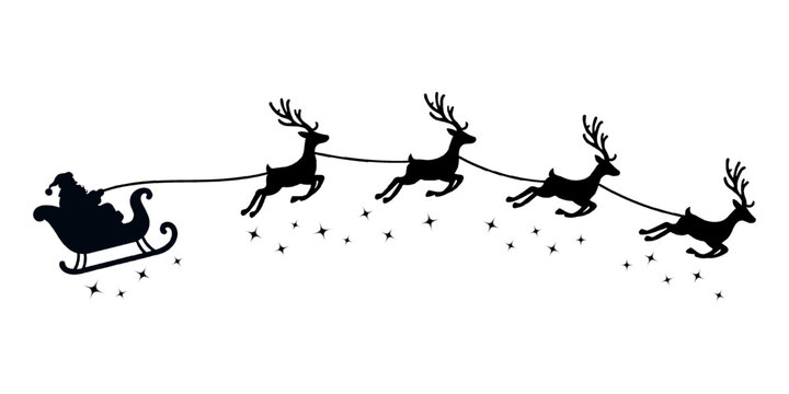 Vector Christmas black and white illustration with Santa Claus riding his sleigh pulled by reindeers.