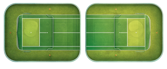 Two identical overhead views of a miniature putting green