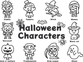 ハロウィンのキャラクターアイコン（線画）のイラストセット