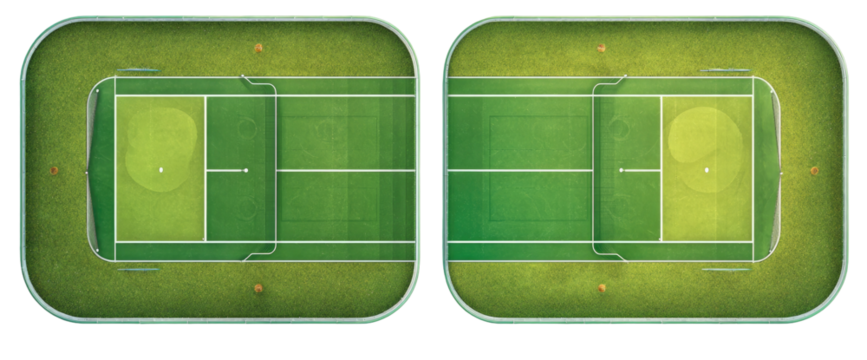 Two identical overhead views of a miniature putting green