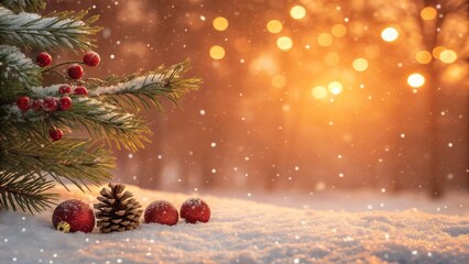 Obraz premium Snowy pine branch with red berries christmas background winter wonderland nature warm glow festive atmosphere