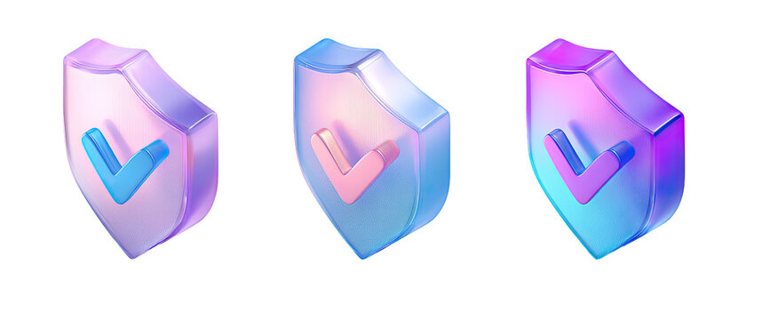 Three iridescent shield icons with checkmarks