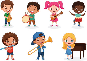 Cute kids playing musical instruments, diverse children band, happy children music, kids playing flute, piano, drums, saxophone, guitar, fun music group, joyful kids
