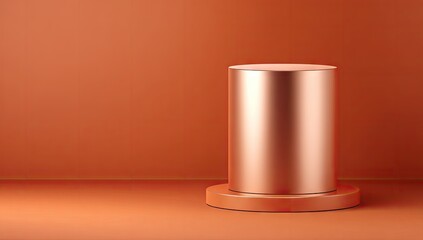 A polished, metallic rose gold cylinder pedestal sits on a matching base against a burnt orange backdrop.